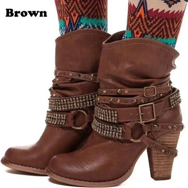 Ugg Snow Boots 2018 Autumn Winter Shoes women Punk style high heel Boots rivet belt Buckle snow boots PU leather retro mid-calf boots plus size