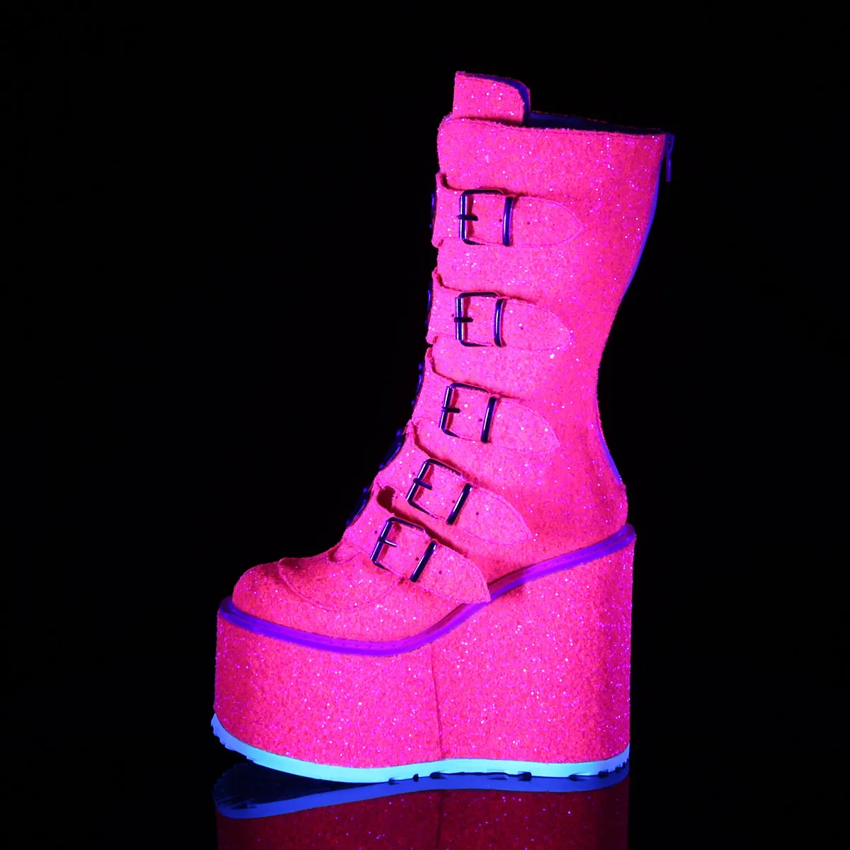 Railroad Work Boots 5 Inch Platform SWING-230G Neon Pink Glitter