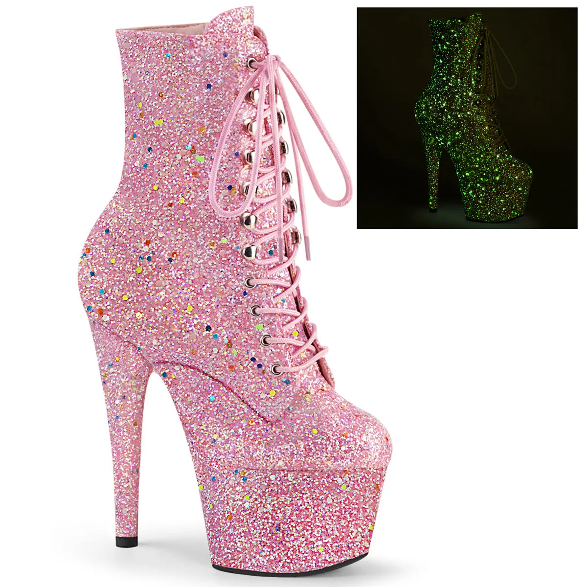 7 Inch Heel ADORE-1020GDLG Pink Glitter Work Boots Style