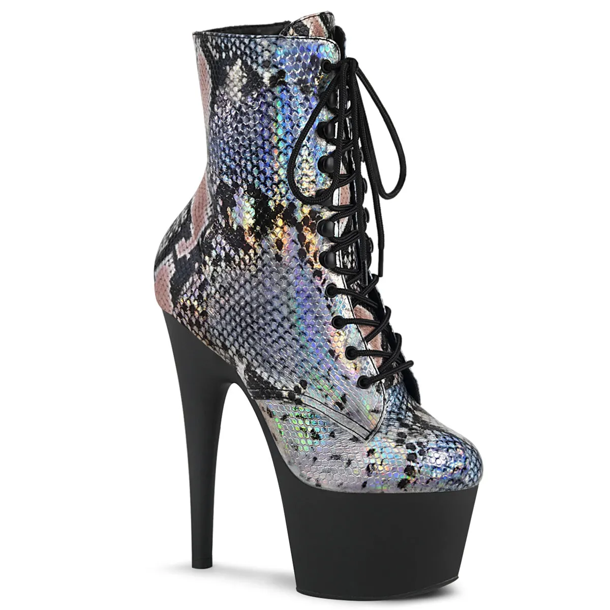 7 Inch Heel ADORE-1020SP Silver Holographic Snake Print Work Boots Insoles