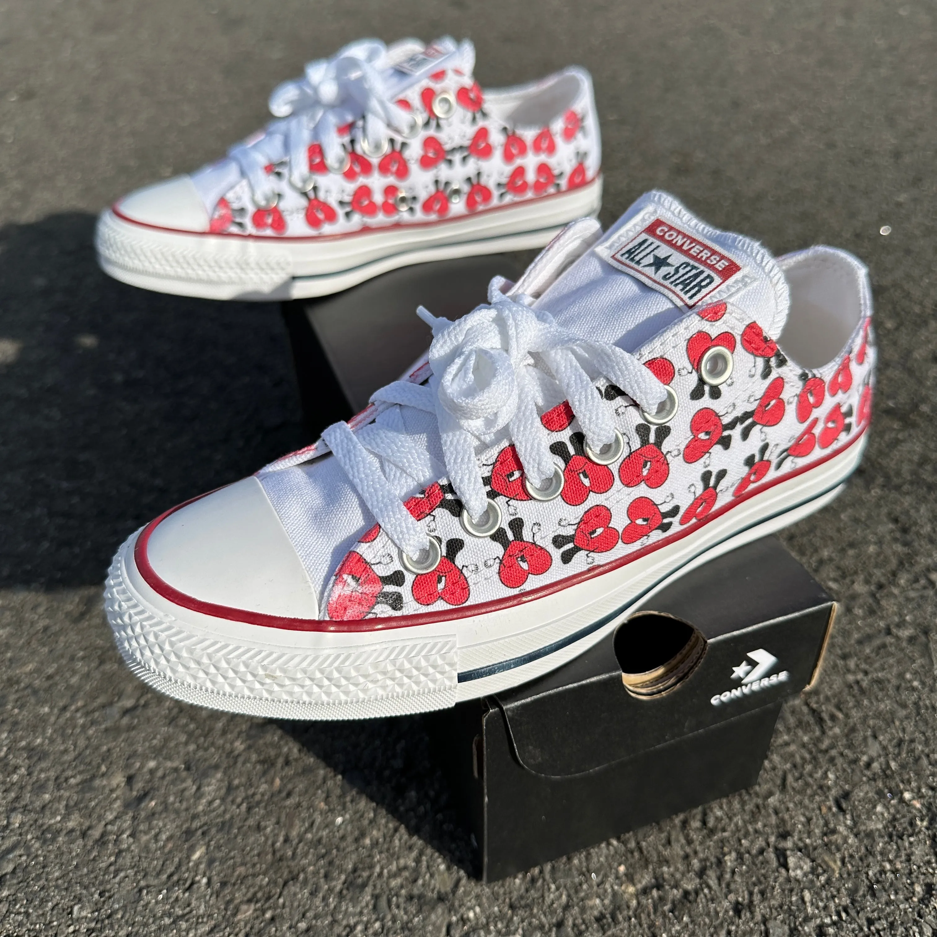 Bad Bunny Valentines Day Red Heart Pattern Custom Low Top Converse White: LIMITED TIME ONLY - Custom Converse Shoes Asics Tennis Shoes Clay