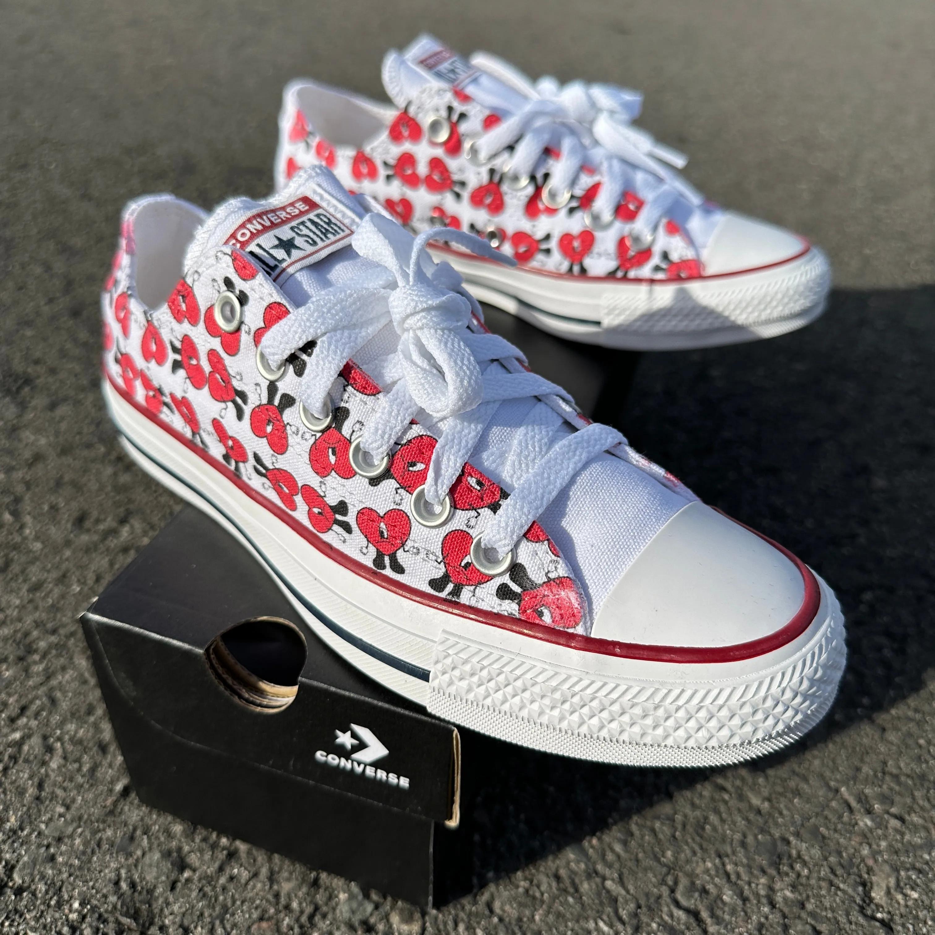 Bad Bunny Valentines Day Red Heart Pattern Custom Low Top Converse White: LIMITED TIME ONLY - Custom Converse Shoes Asics Wrestling Shoes Exeo