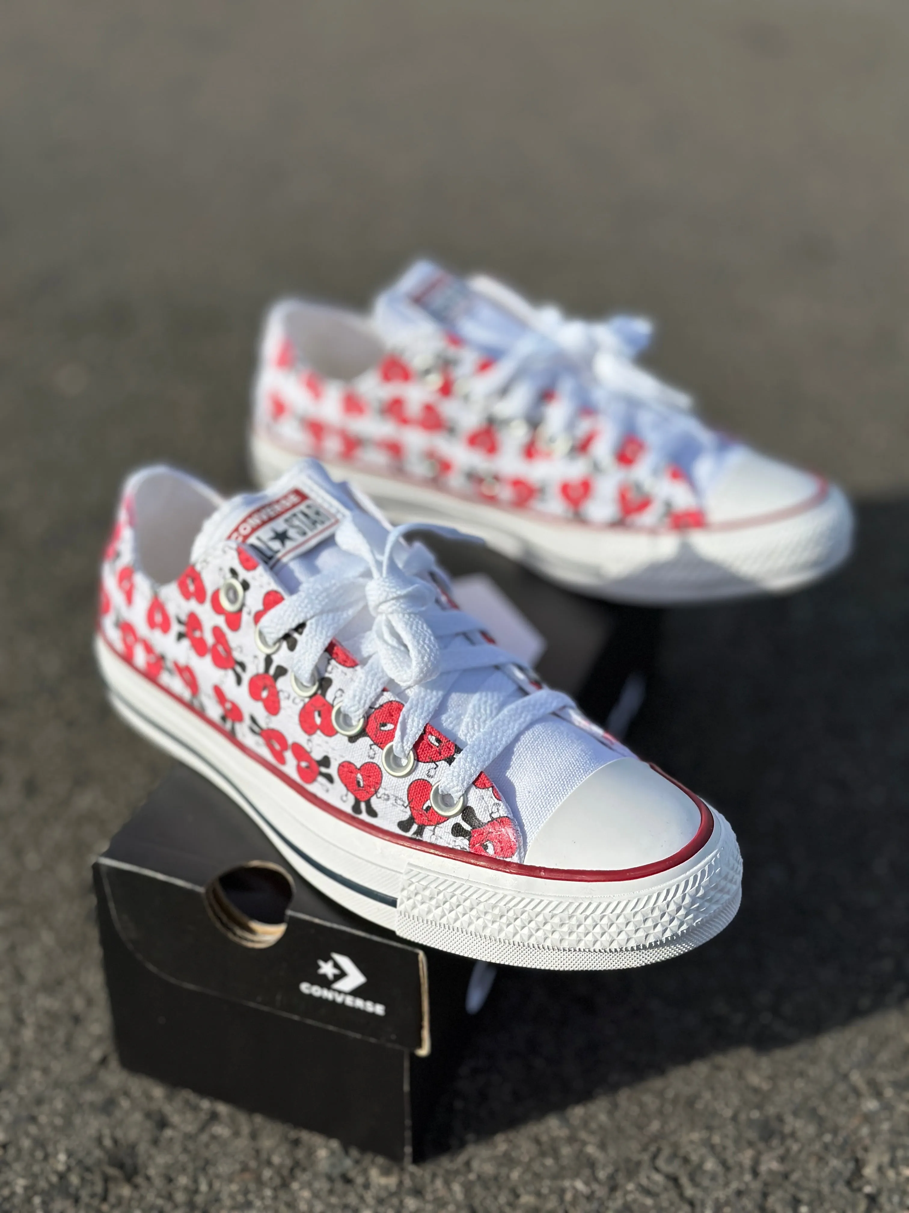 Bad Bunny Valentines Day Red Heart Pattern Custom Low Top Converse White: LIMITED TIME ONLY - Custom Converse Shoes Asics Basketball Shoes Unpre Ars Low 2