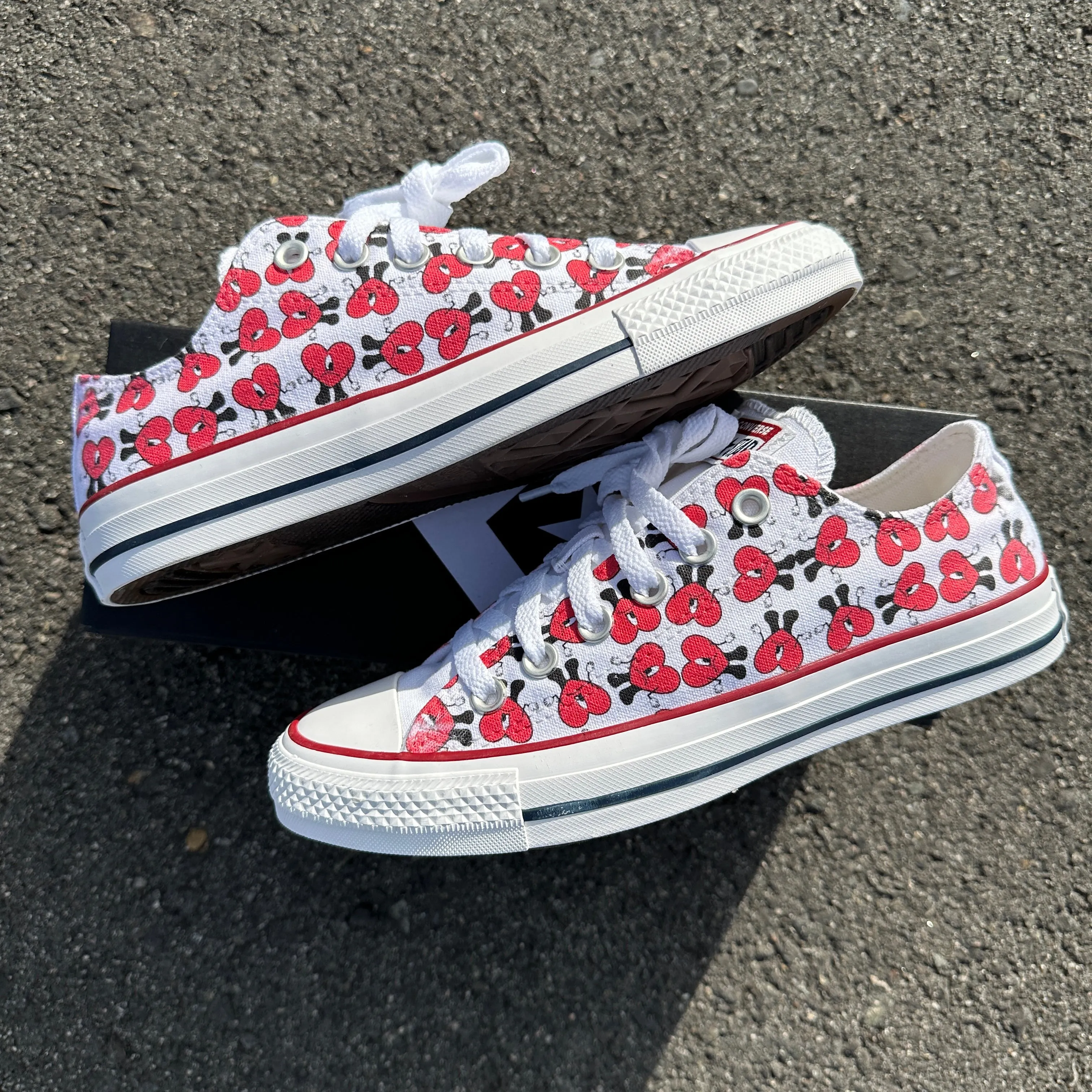Shoe Carnival Asics Bad Bunny Valentines Day Red Heart Pattern Custom Low Top Converse White: LIMITED TIME ONLY - Custom Converse Shoes