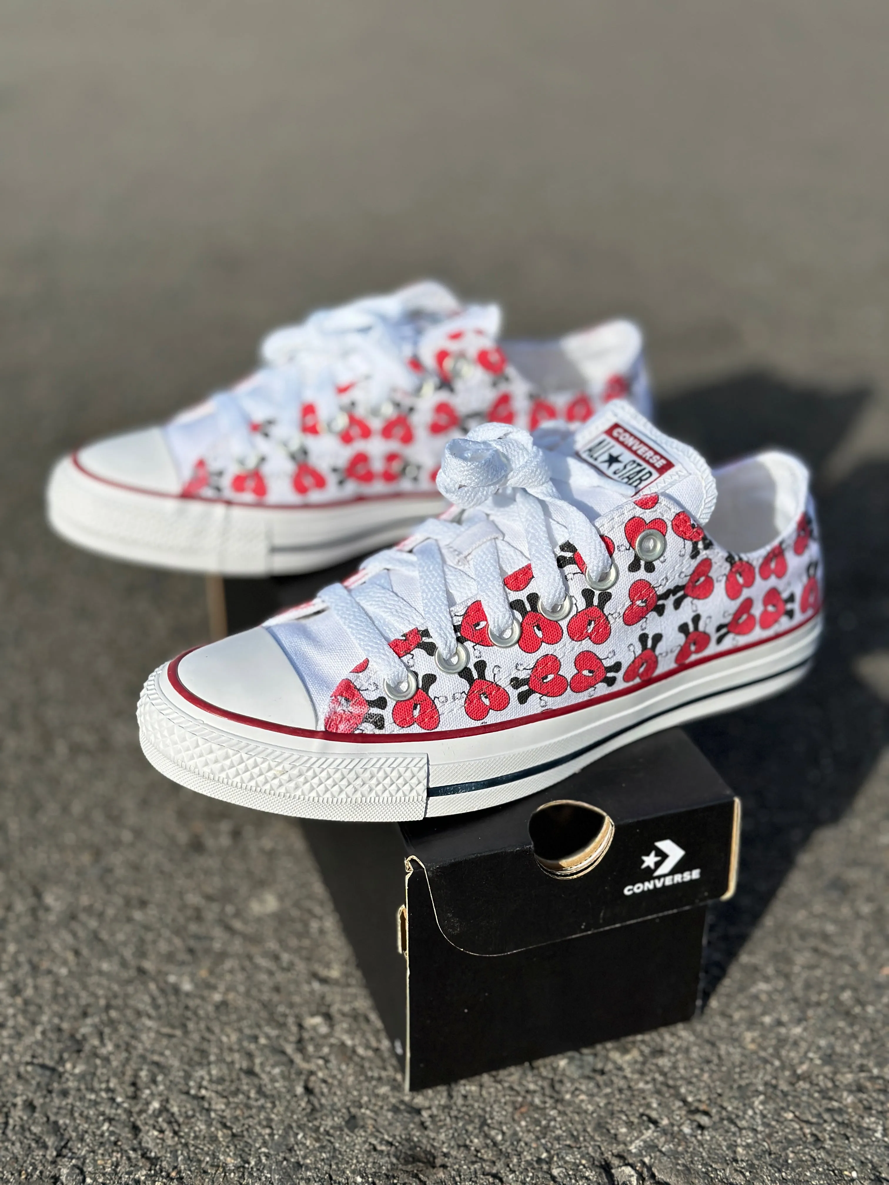 Bad Bunny Valentines Day Red Heart Pattern Custom Low Top Converse White: LIMITED TIME ONLY - Custom Converse Shoes Asic Trail Shoes