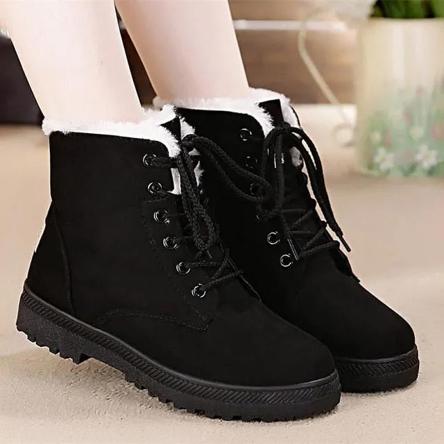 Snow boots 2019 warm fur plush Insole women winter boots square heels flock ankle boots women shoes lace-up winter shoes woman Snow Boot Inserts