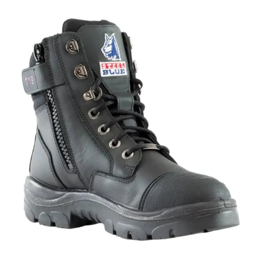 Steel Blue Black Ladies Southern Cross Zip Sided Lace Up Steel Toe Cap Safety Boot With Scuff Cap (512719) (Pre-Order) Best Industrial Work Boots