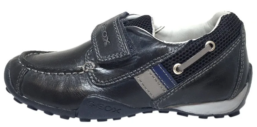 Asics Gel Ace Tour Golf Shoe Geox Respira Boy's J Snake Moc Navy Light Grey Leather Hook and Loop Strap Moc Sneaker Boat Shoe