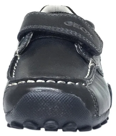 Geox Respira Boy's J Snake Moc Navy Light Grey Leather Hook and Loop Strap Moc Sneaker Boat Shoe Volleyball Shoes Asics