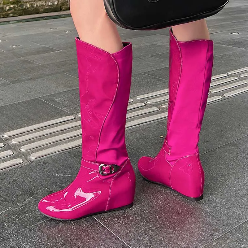 Women's Patent Leather Color Blocked Inner Heel Wedge Boots Adidas Memory Foam Tennis Shoes