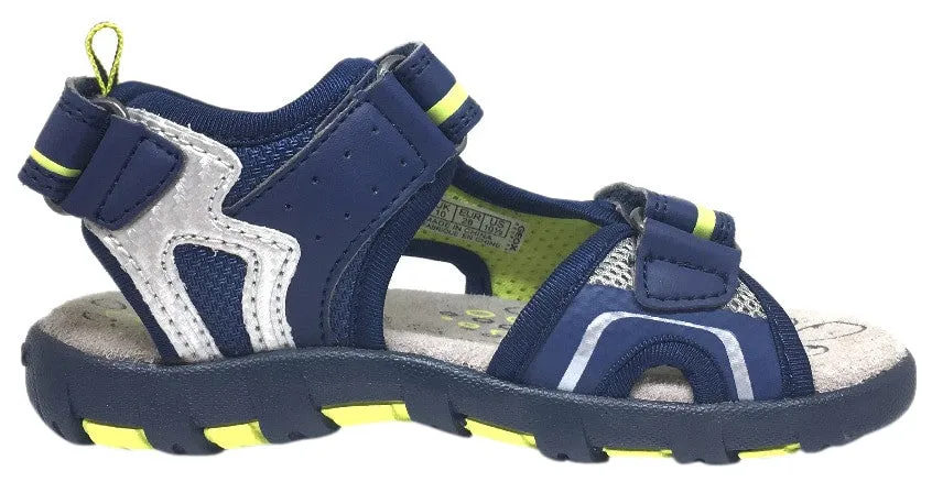 Asics Work Shoes Steel Toe Geox Boy's Pianeta Navy & Lime Single Hook and Loop Strap Open Toe Sandal