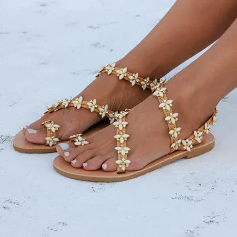 Pointed Flat Slingback Shoes Bead Flower Bunions Flat Beach Sandal