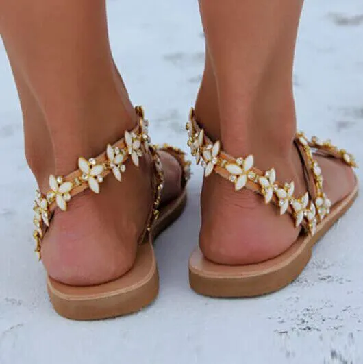 Bead Flower Bunions Flat Beach Sandal Pointed Toe Flat Slingback Shoes