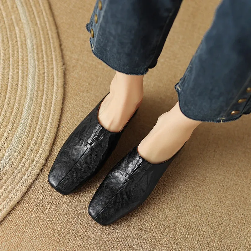 Mushroom Slippers binfenxie  -  2024 Office Lady Casual Women Pumps Mules Square Toe Thick Heels Slippers Genuine Leather Sandals Shoes Woman Concise Fashion