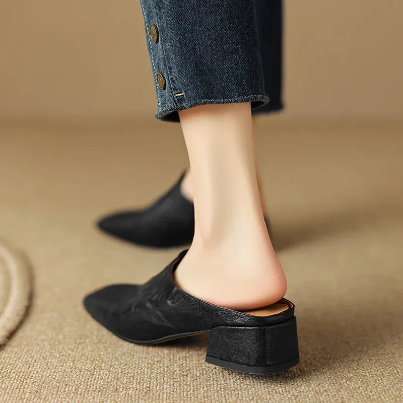 binfenxie  -  2024 Office Lady Casual Women Pumps Mules Square Toe Thick Heels Slippers Genuine Leather Sandals Shoes Woman Concise Fashion Plastic Princess Slippers