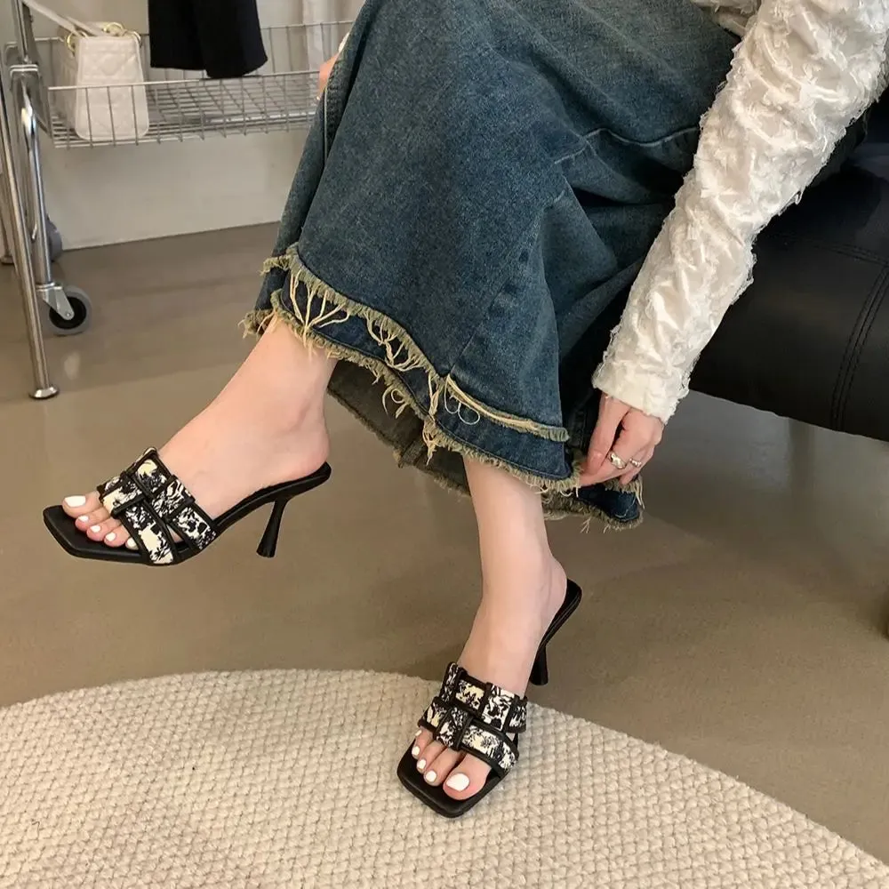 binfenxie  -  Fashion Women Sandals Slippers Weave Design Black Khaki Party Pumps Thin High Heels Casual Mules Shoes Woman Size 35-39 Pumps Pool Slides Shoes