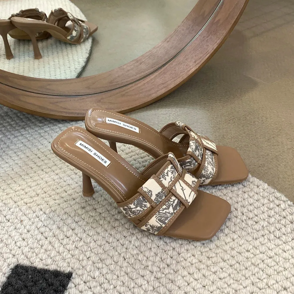 Patterned Slippers binfenxie  -  Fashion Women Sandals Slippers Weave Design Black Khaki Party Pumps Thin High Heels Casual Mules Shoes Woman Size 35-39 Pumps
