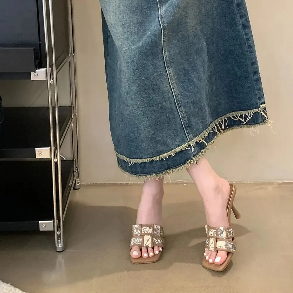 binfenxie  -  Fashion Women Sandals Slippers Weave Design Black Khaki Party Pumps Thin High Heels Casual Mules Shoes Woman Size 35-39 Pumps Draft 2 Slippers