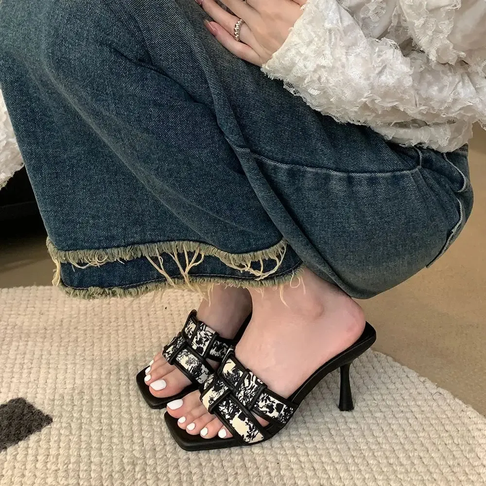 Juicy Slippers binfenxie  -  Fashion Women Sandals Slippers Weave Design Black Khaki Party Pumps Thin High Heels Casual Mules Shoes Woman Size 35-39 Pumps