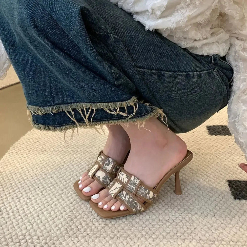 Flip Flops Vs Slides binfenxie  -  Fashion Women Sandals Slippers Weave Design Black Khaki Party Pumps Thin High Heels Casual Mules Shoes Woman Size 35-39 Pumps