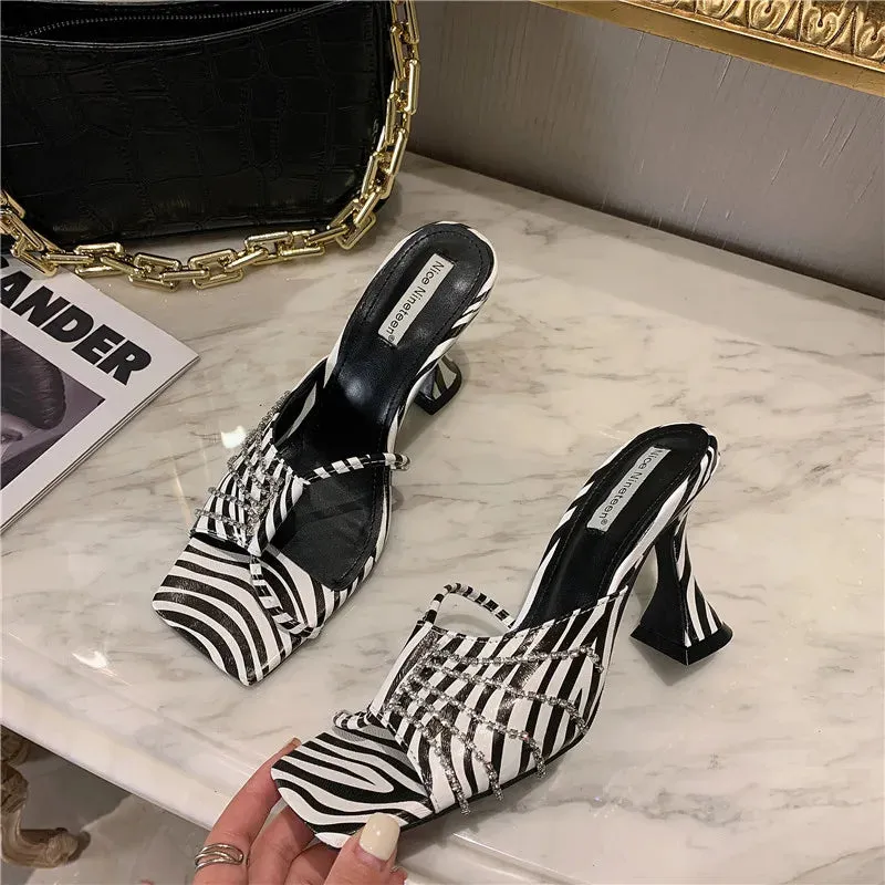 binfenxie  -   Women Sandals Slippers Open Toe Thin High Heels Solid Color Casual Party Pumps Summer Dress Shoes Woman Size 35-39 Cute Fuzzy Slippers