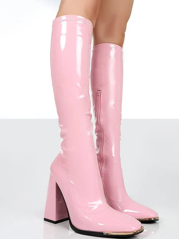 Solid Color High Heeled PU Leather Boots Adidas Sprintstar Track Shoes