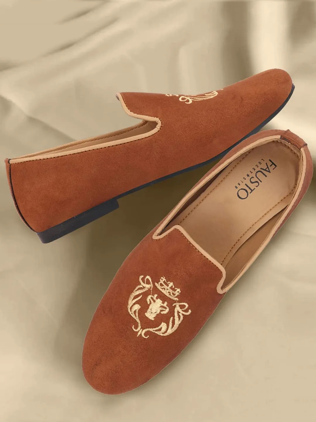 Slipper Loafers Men Tan Embroidered Velvet Slip On Loafers