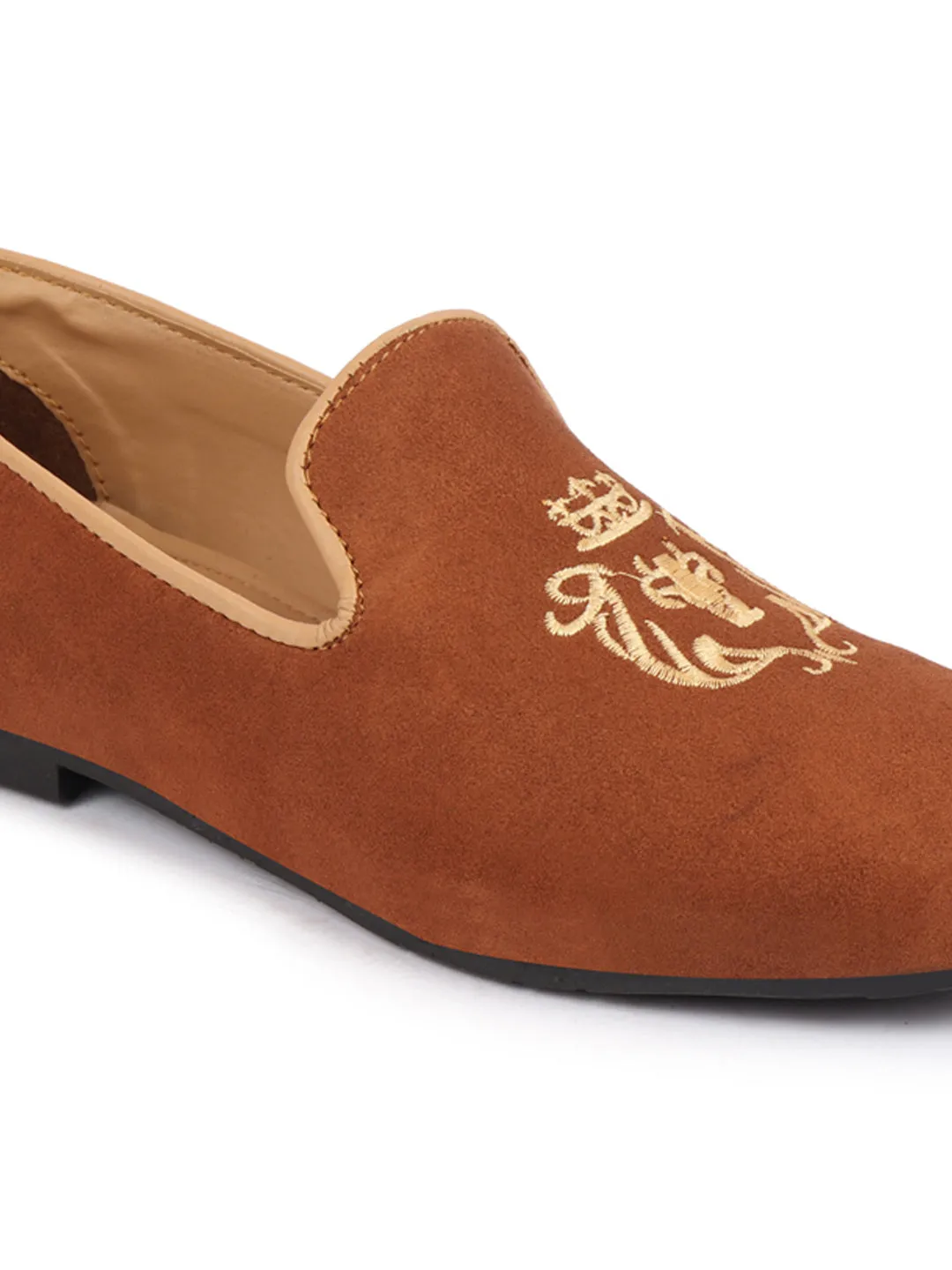 Men Tan Embroidered Velvet Slip On Loafers Summer Outfits With Loafers