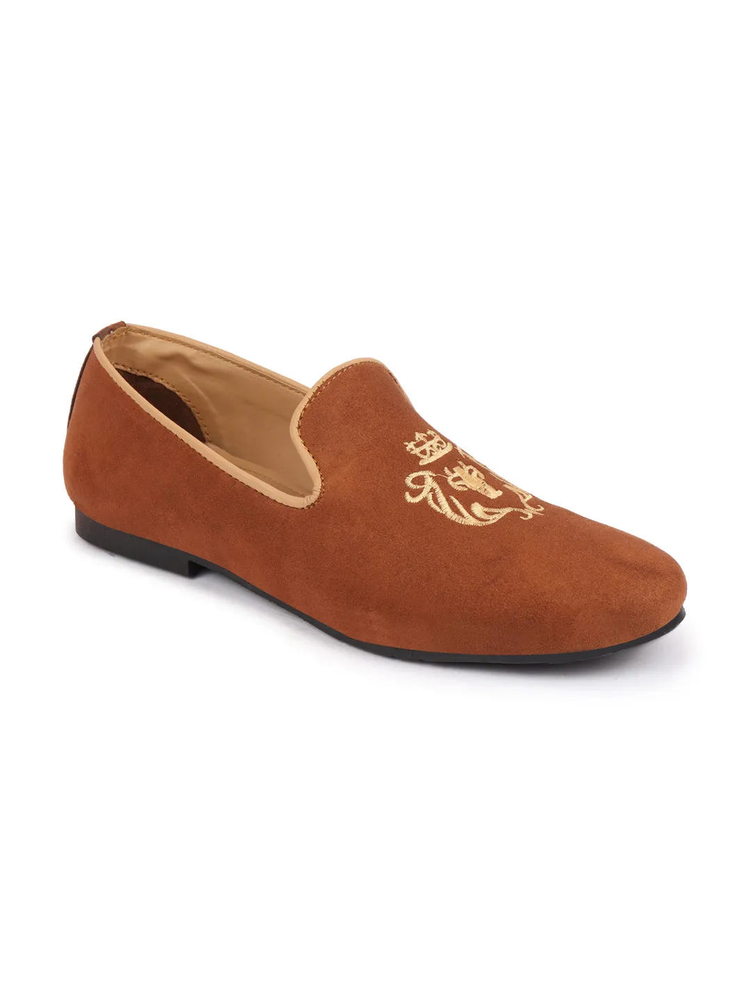 Men Tan Embroidered Velvet Slip On Loafers Birk Loafers