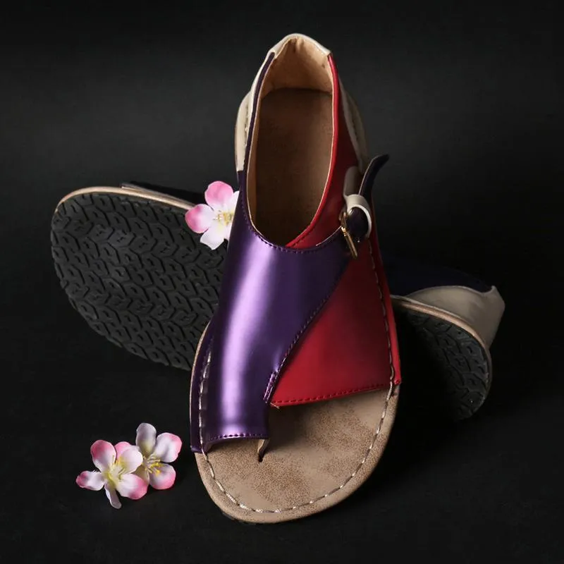 Beat Shoes For Flat Feet Women Retro Color Splicing Buckle Flip Flops Flat Sandals