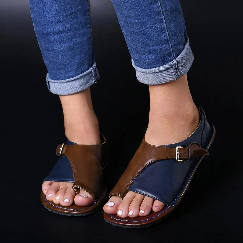 Women Retro Color Splicing Buckle Flip Flops Flat Sandals Flat Sole Golf Shoes