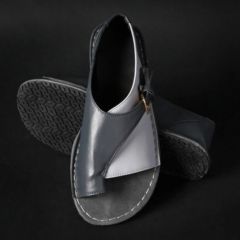 Flat Shoes Wide Width Women Retro Color Splicing Buckle Flip Flops Flat Sandals