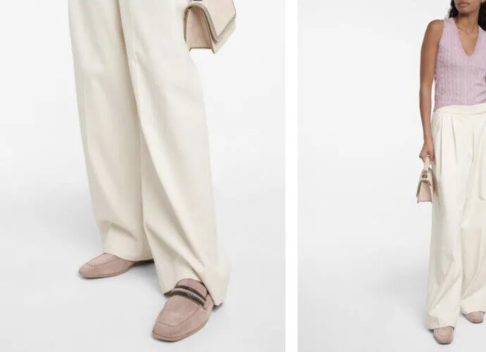 Loafers Wide NIB $1250 Brunello Cucinelli Women Suede Monili-Strap Loafers Shoes 10 US/40 Eu