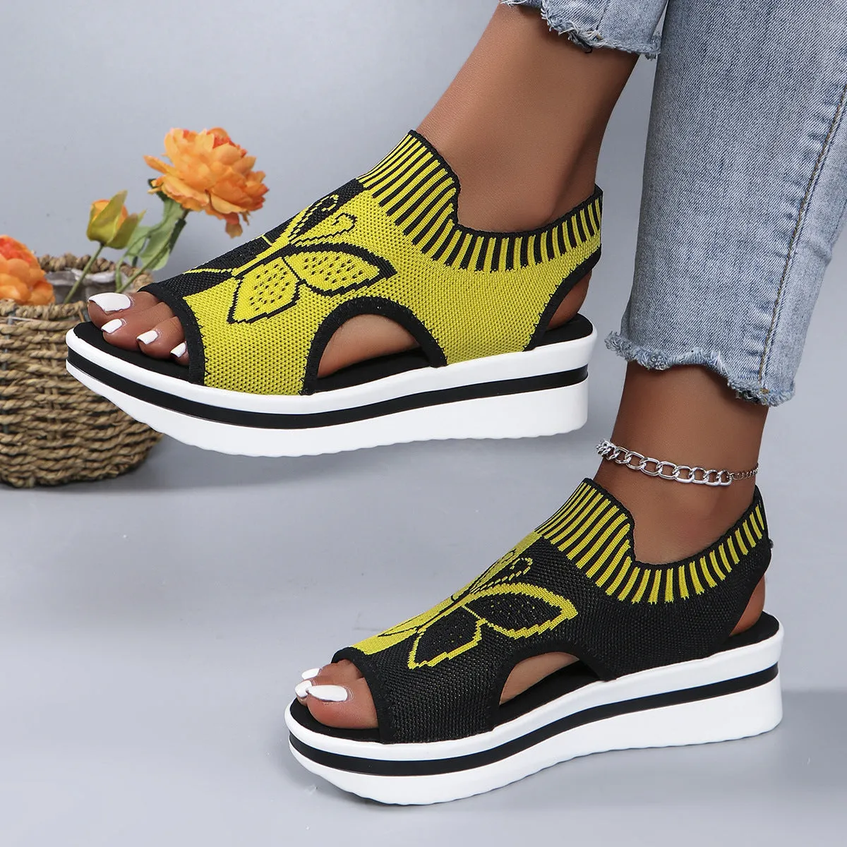 Summer Butterfly Print Sports Sandals Casual Breathable Flying Woven Flat Shoes For Women Stiff Flat Pedal Shoes