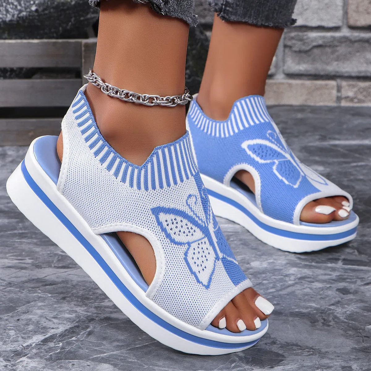 Summer Butterfly Print Sports Sandals Casual Breathable Flying Woven Flat Shoes For Women Weightlifting Shoes For Feet