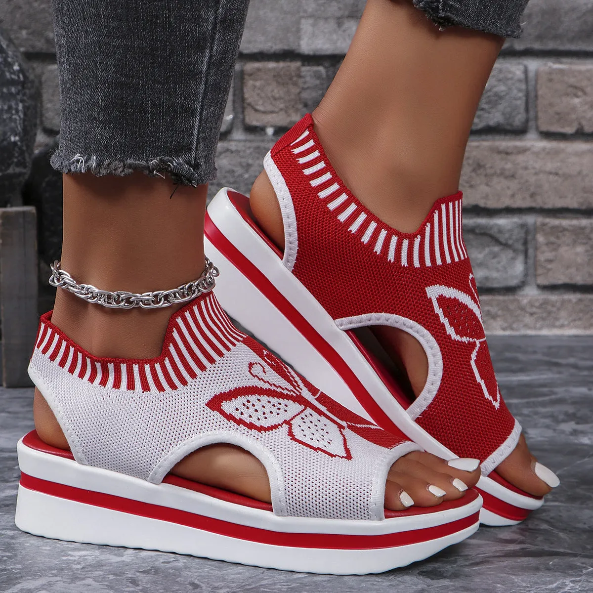 Shoes Silver Flats Summer Butterfly Print Sports Sandals Casual Breathable Flying Woven Flat Shoes For Women