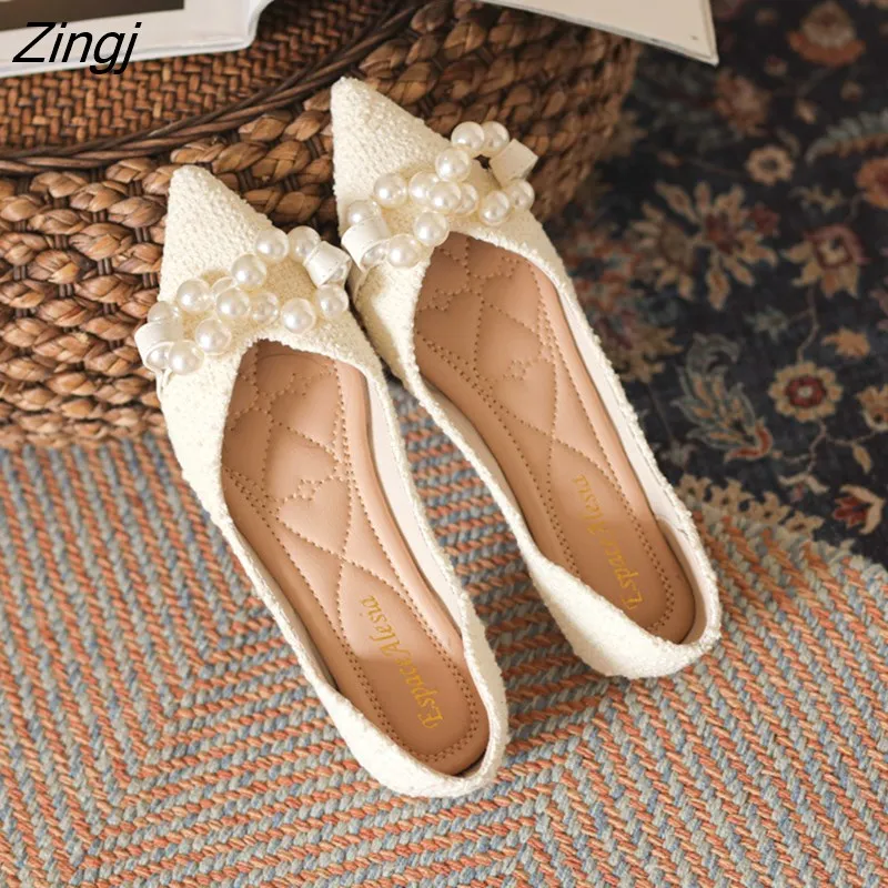 kamames Green Soft Pointed Toe Flat Shoes Women Ballet Shoes 2023 Spring New Pearl Bow Korean Ladies OL Office Shoes Ladies Print Flat Shoes