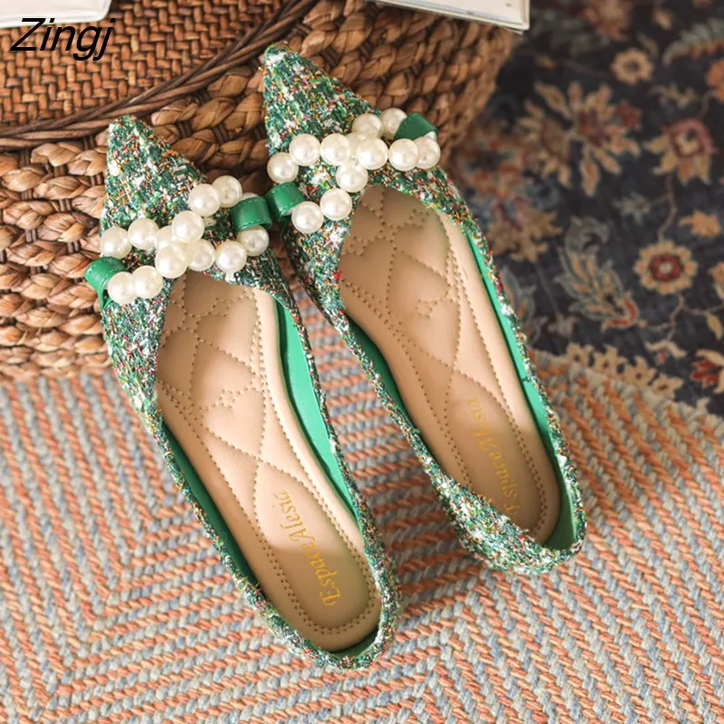 kamames Green Soft Pointed Toe Flat Shoes Women Ballet Shoes 2023 Spring New Pearl Bow Korean Ladies OL Office Shoes Chanel Shoes Flat