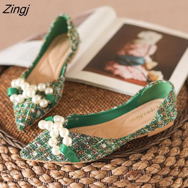 Peep Toe Flat Wedding Shoes kamames Green Soft Pointed Toe Flat Shoes Women Ballet Shoes 2023 Spring New Pearl Bow Korean Ladies OL Office Shoes