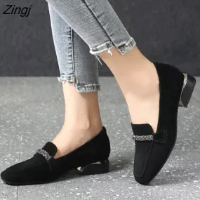kamames Autumn Winter Women Loafers Low Heels Boat Shoes Square Toe Dress Shoes Chain Faux Suede Plush Warm Ladies Shoes Stories Loafers