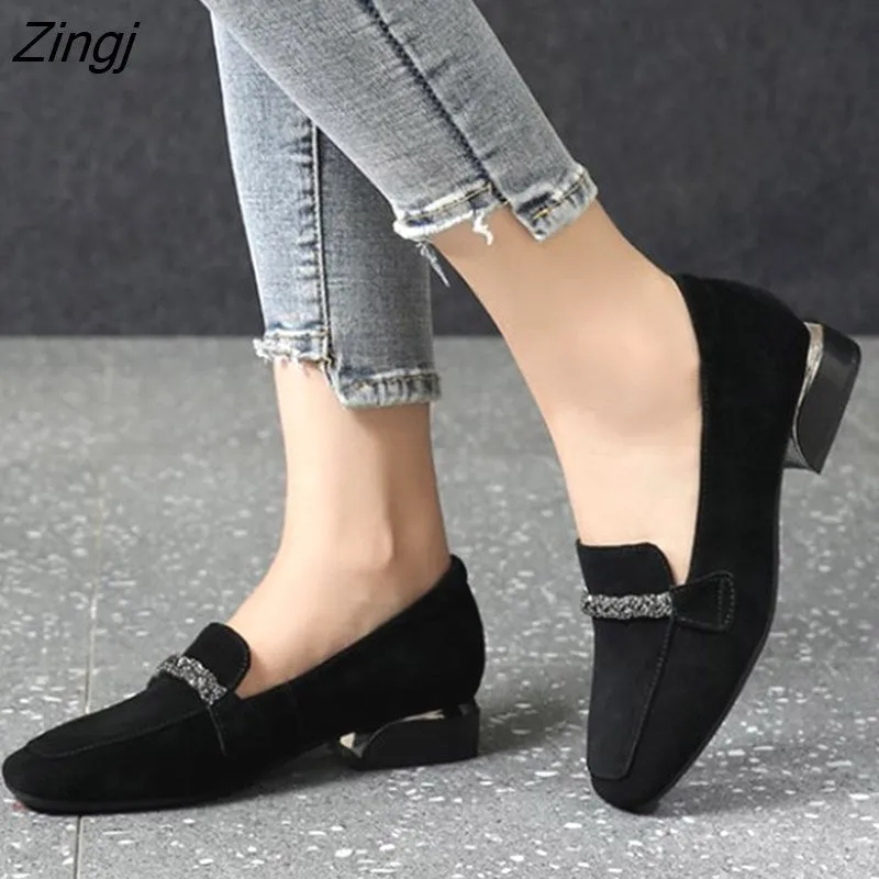 Crepe Loafers kamames Autumn Winter Women Loafers Low Heels Boat Shoes Square Toe Dress Shoes Chain Faux Suede Plush Warm Ladies Shoes