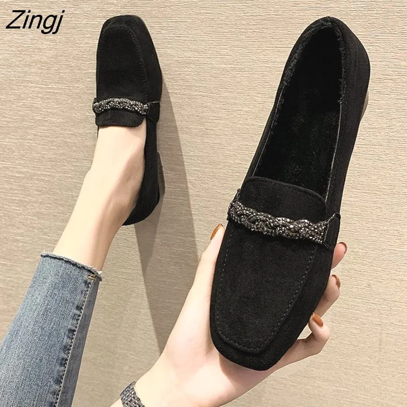 kamames Autumn Winter Women Loafers Low Heels Boat Shoes Square Toe Dress Shoes Chain Faux Suede Plush Warm Ladies Shoes Oldmoney Loafers