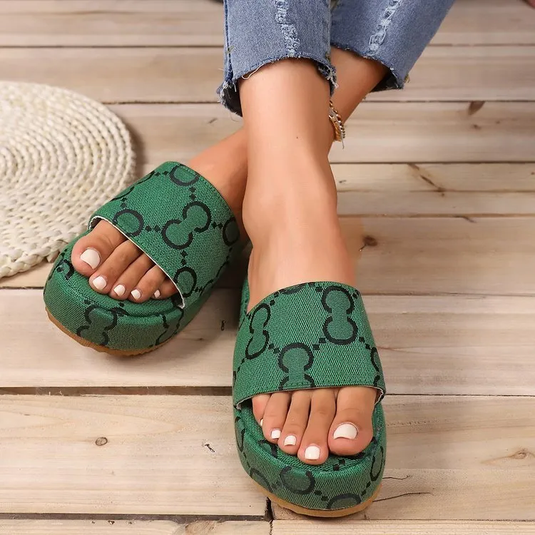 Yellow Flat Shoes Print Thick-soled Flat Slippers Summer Fashion Casual Outdoor Beach Shoes For Women