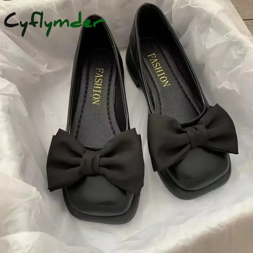 Sherpa Lined Loafers Cyflymder Women Bow Mary Janes Shoes Casual High Heels Shoes New Square Toe Sandals Fashion Lolita Shoes Loafers Walking Zapatos Mujer