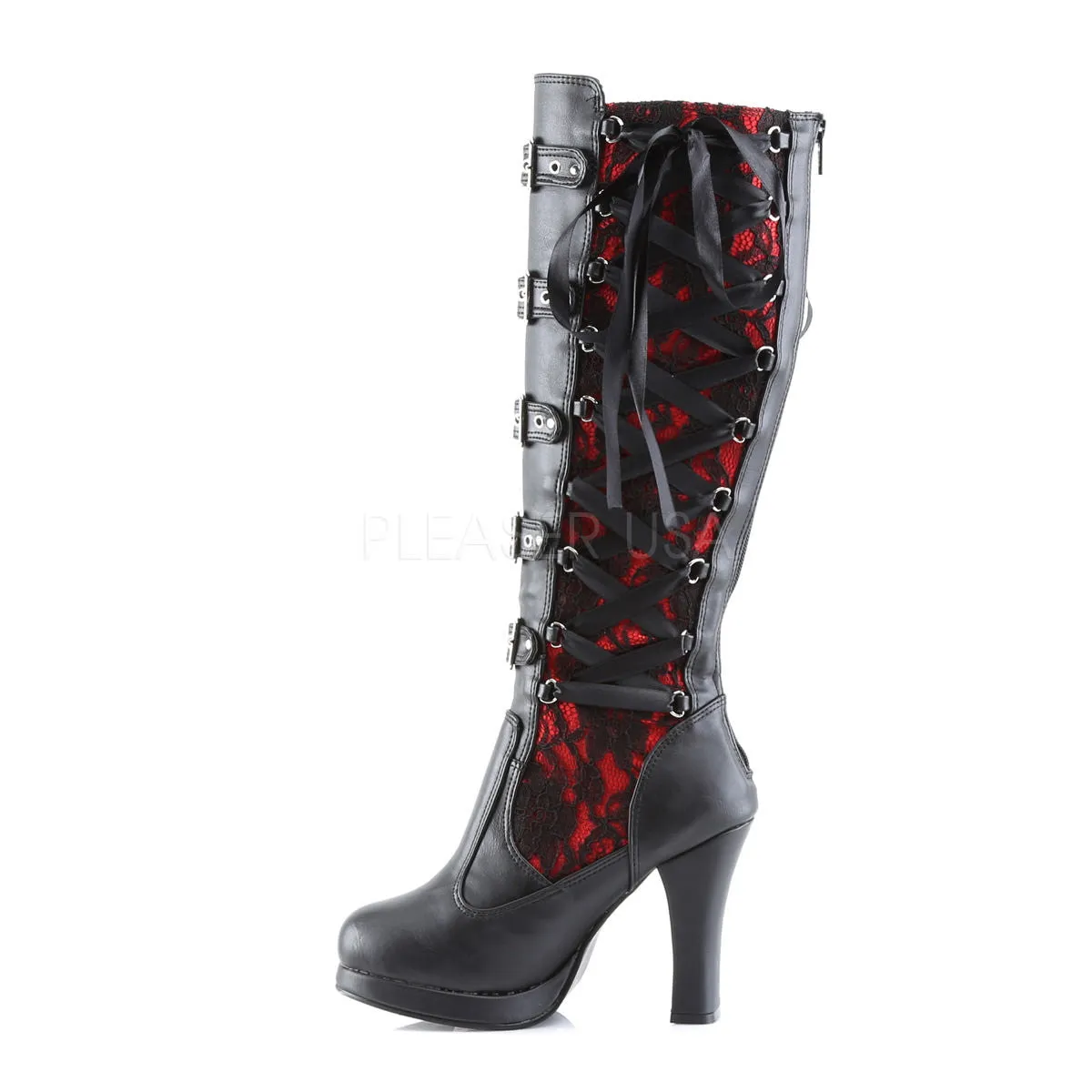 DEMONIA CRYPTO-106 Black-Red Pu Vegan Boots Boa Style Work Boots