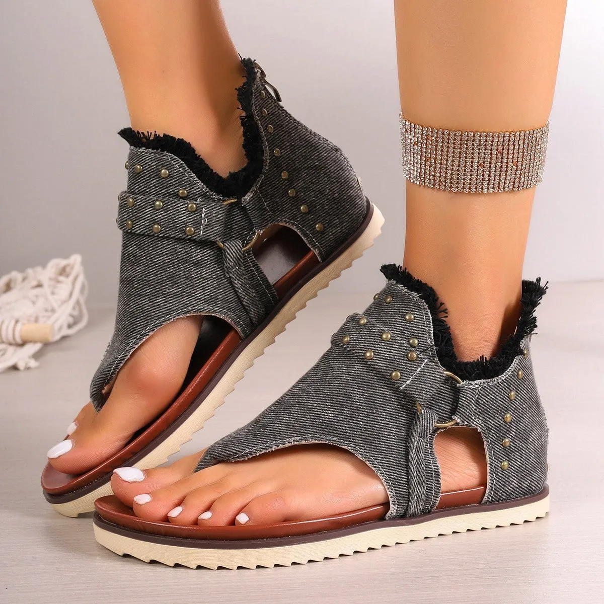 Denim Thong Sandals With Rear Zipper Summer Retro Beach Flat Shoes For Women Rachel Zoe Shoes Flats