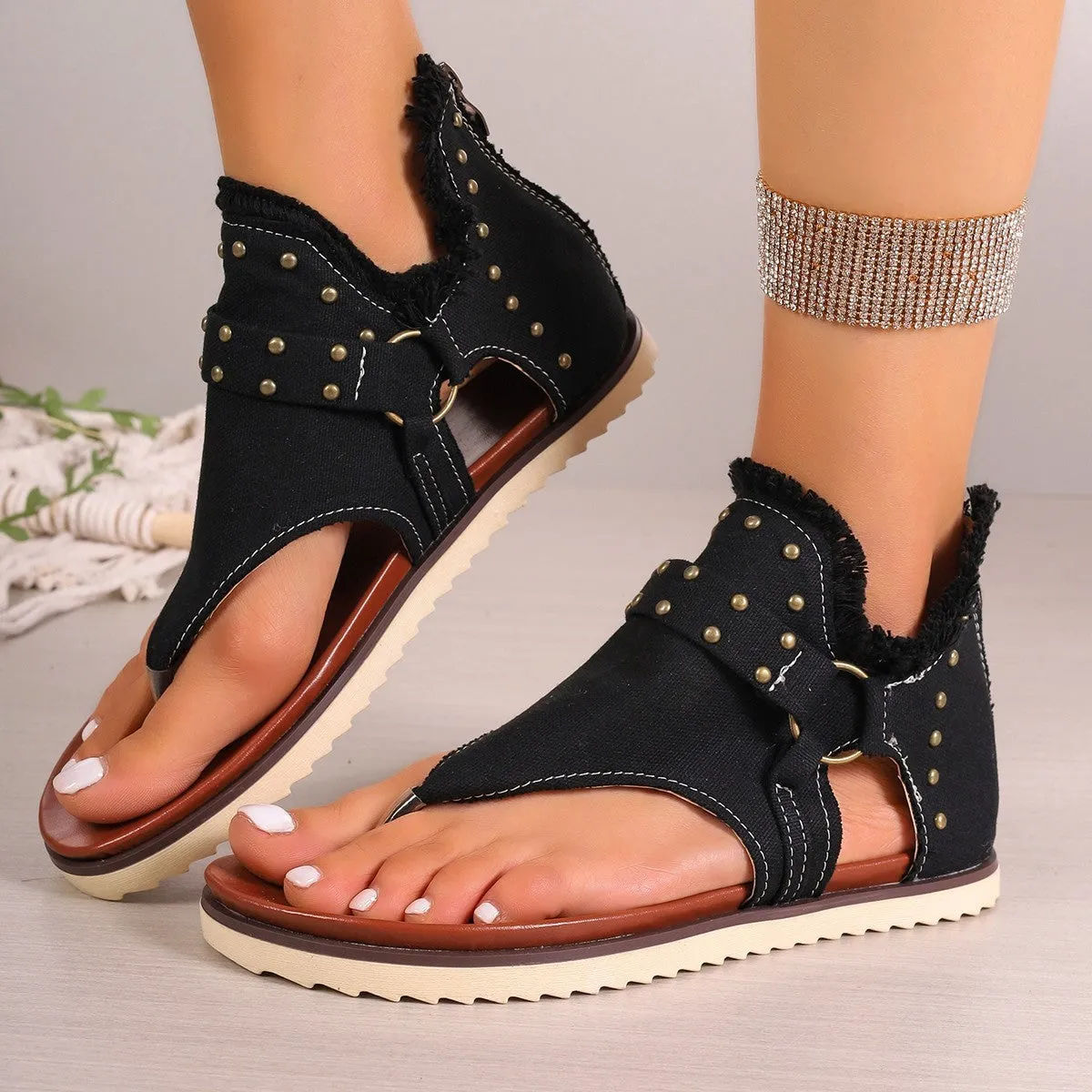 Mary Jane Shoes Denim Thong Sandals With Rear Zipper Summer Retro Beach Flat Shoes For Women