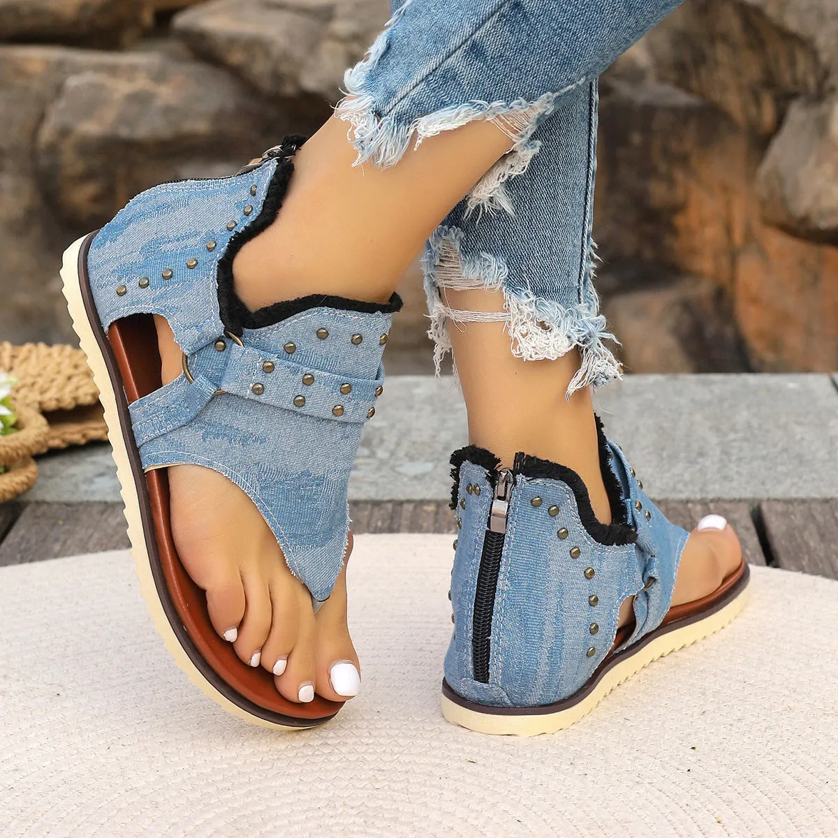 Musshoe Flat Shoes Denim Thong Sandals With Rear Zipper Summer Retro Beach Flat Shoes For Women