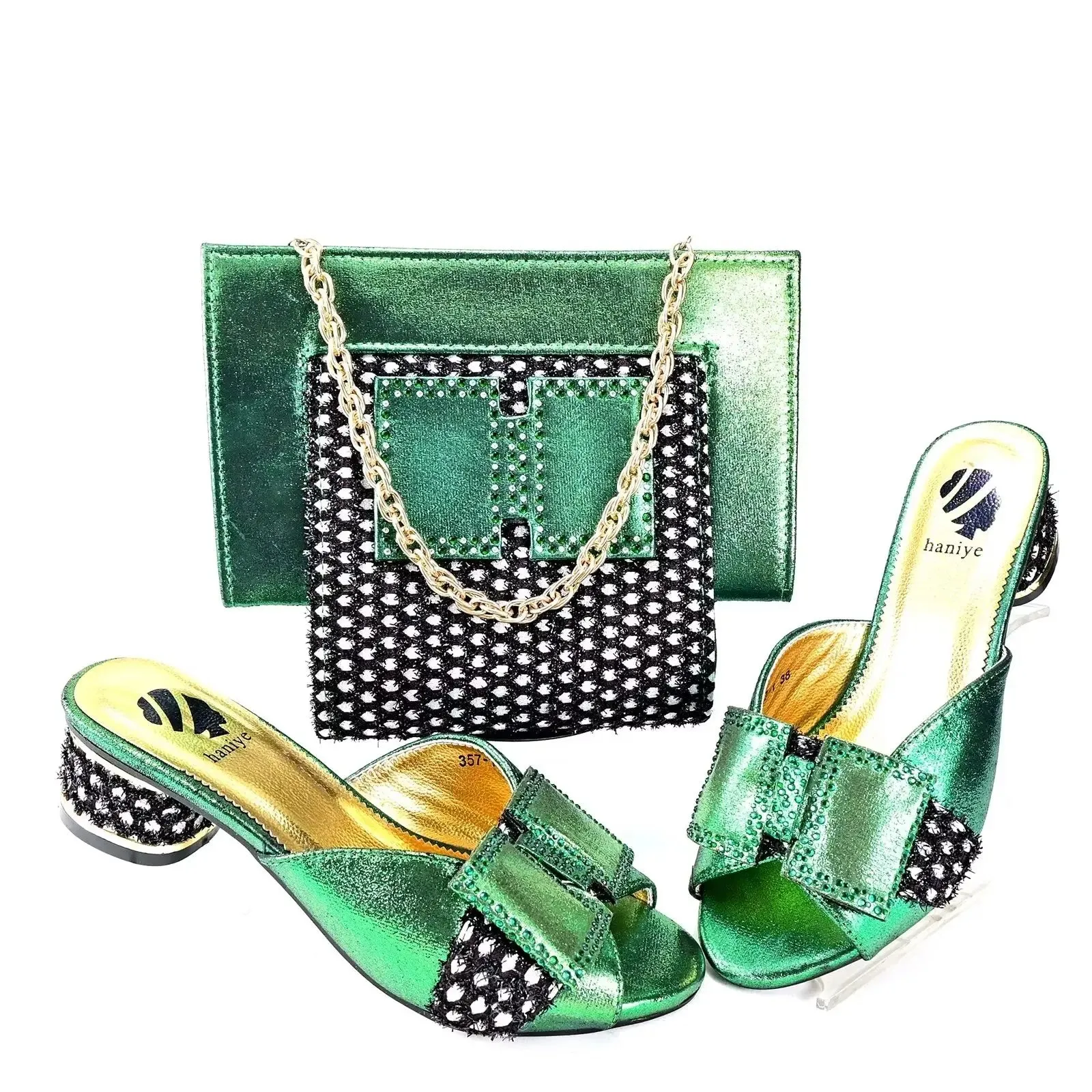 Design Women's Dark Green High Heels Fashion Pointed Noble Princess Party Wedding Sandals Set Short Dresses High Heels