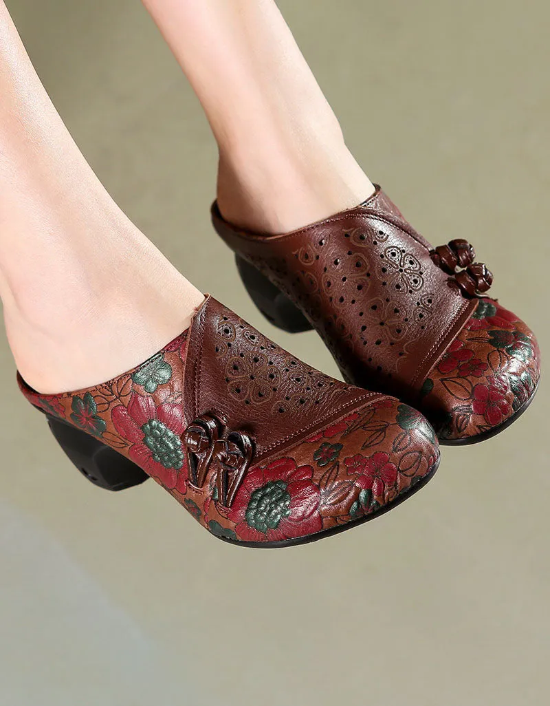 Double Bucks front Leather Printed Chunky Heels Slides White Slippers